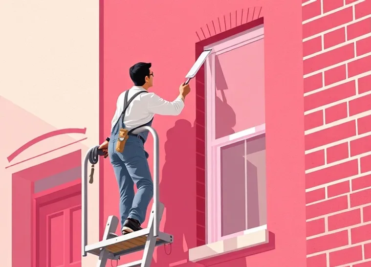Peintre sur échafaudage traitant la façade d'une maison